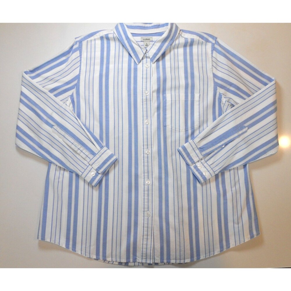 LL Bean 100% Organic Cotton Women's Button Down Shirt White Blue (Large Petite)